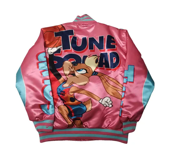 BUNNY TUNE SQUAD BASKETBALL CARTOON PRINT QUILTED BOMBER JACKET IN PINK