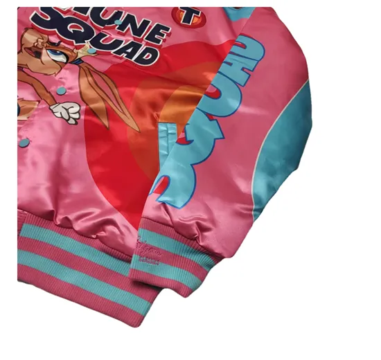 BUNNY TUNE SQUAD BASKETBALL CARTOON PRINT QUILTED BOMBER JACKET IN PINK