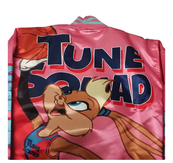 BUNNY TUNE SQUAD BASKETBALL CARTOON PRINT QUILTED BOMBER JACKET IN PINK