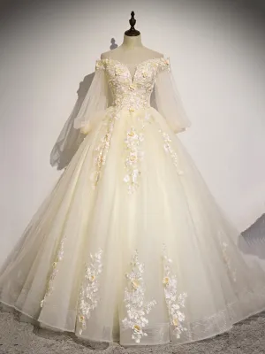 Champagne Tulle Lace Long Prom Dress, A-Line Off the Shoulder Long Sleeve Evening Dress