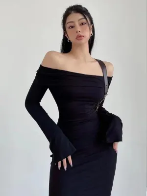 Chic Winter Elegance: Off-Shoulder Korean Maxi Dress in Black