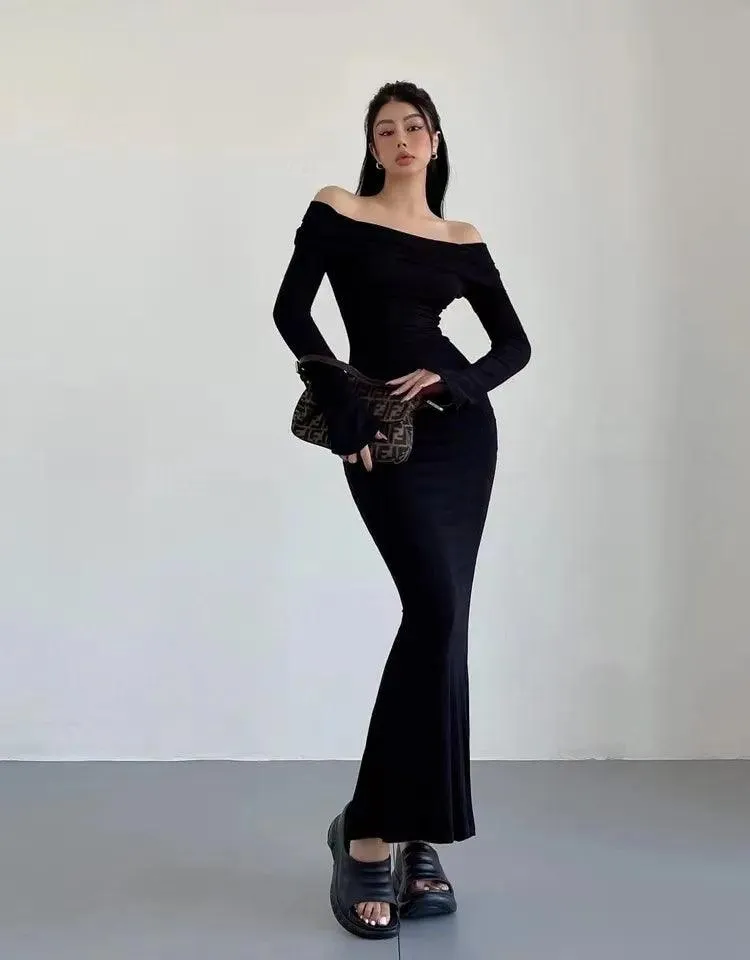 Chic Winter Elegance: Off-Shoulder Korean Maxi Dress in Black