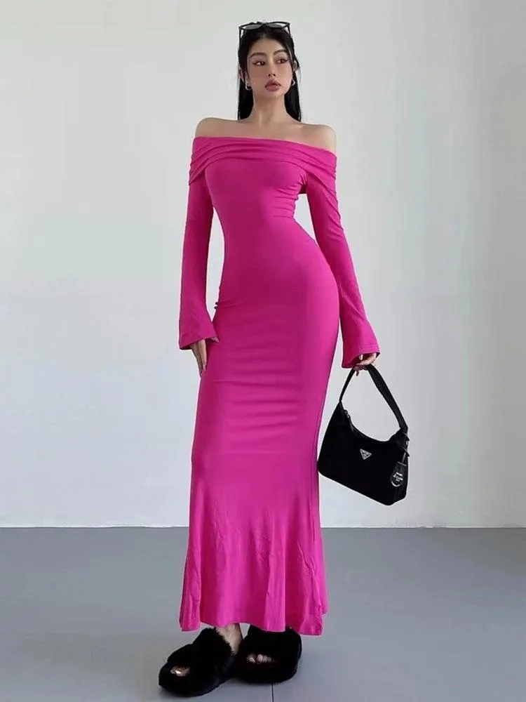 Chic Winter Elegance: Off-Shoulder Korean Maxi Dress in Black