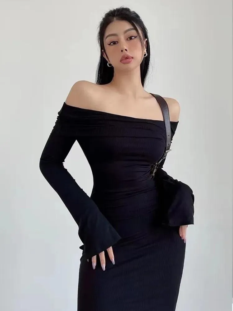Chic Winter Elegance: Off-Shoulder Korean Maxi Dress in Black