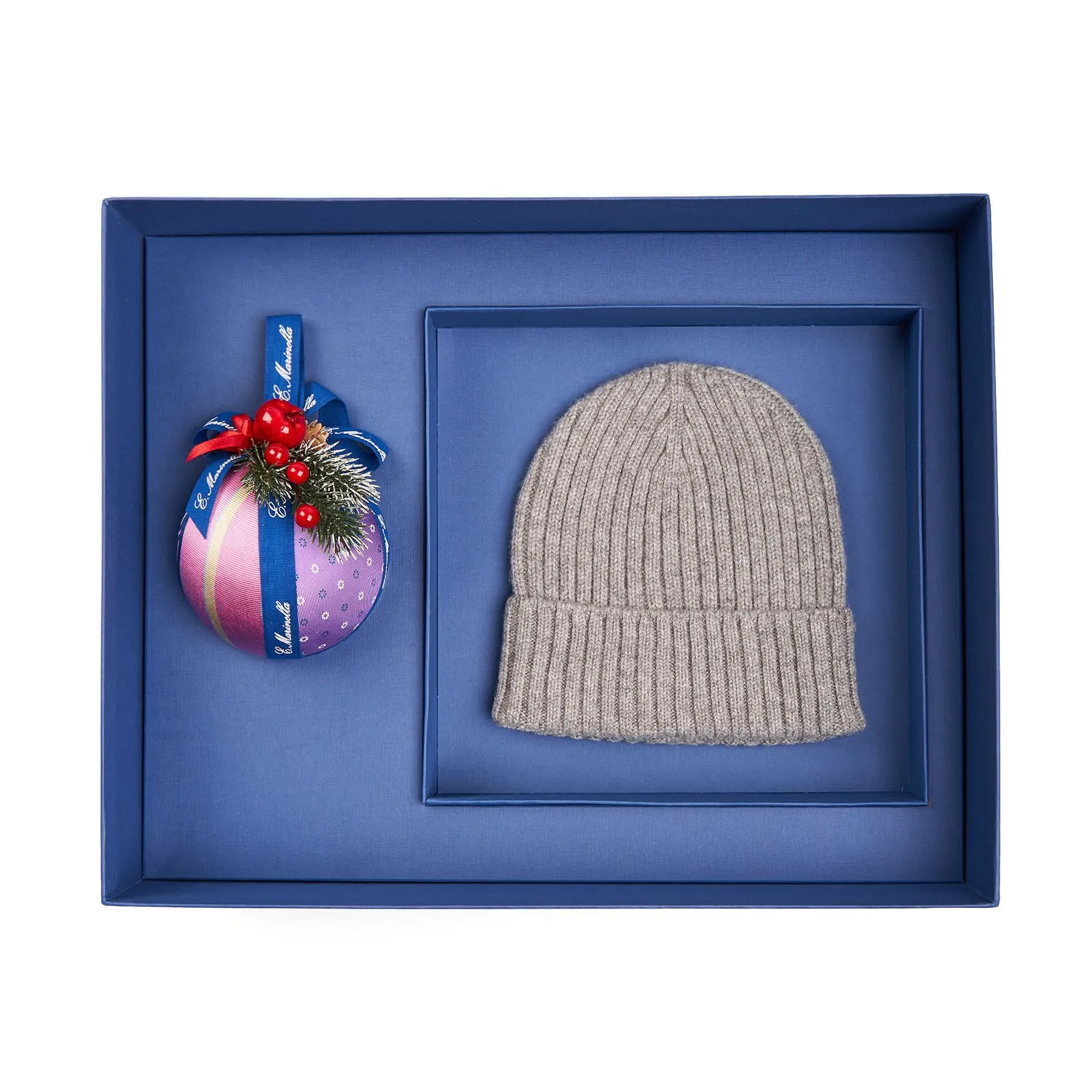 CHRISTMAS BOX WITH GRAY CASHMERE COSTA BEANIE