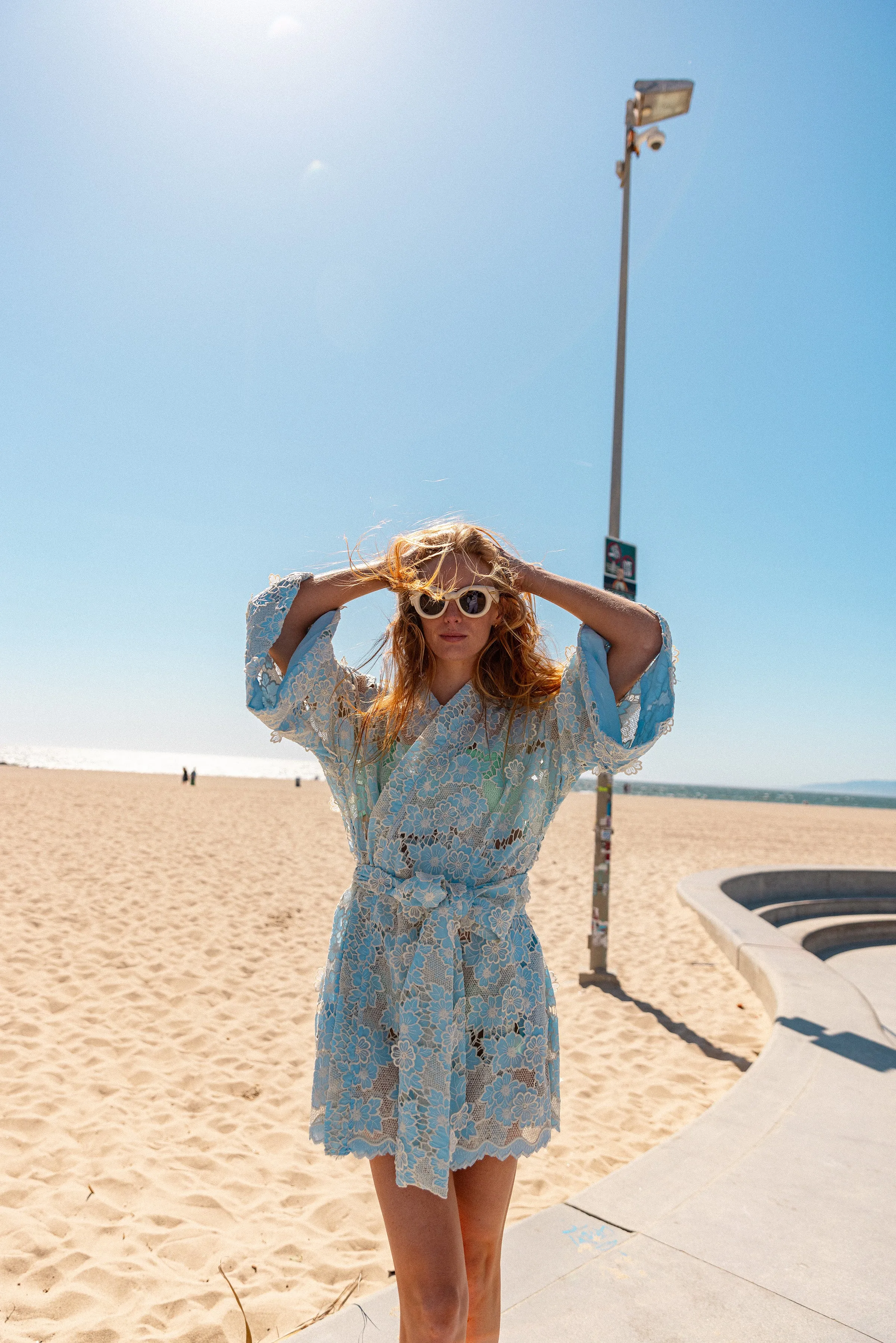 Cool Blue Floral Lace Mini Wrap Dress