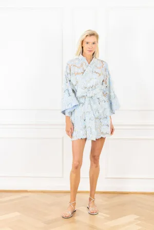 Cool Blue Floral Lace Mini Wrap Dress
