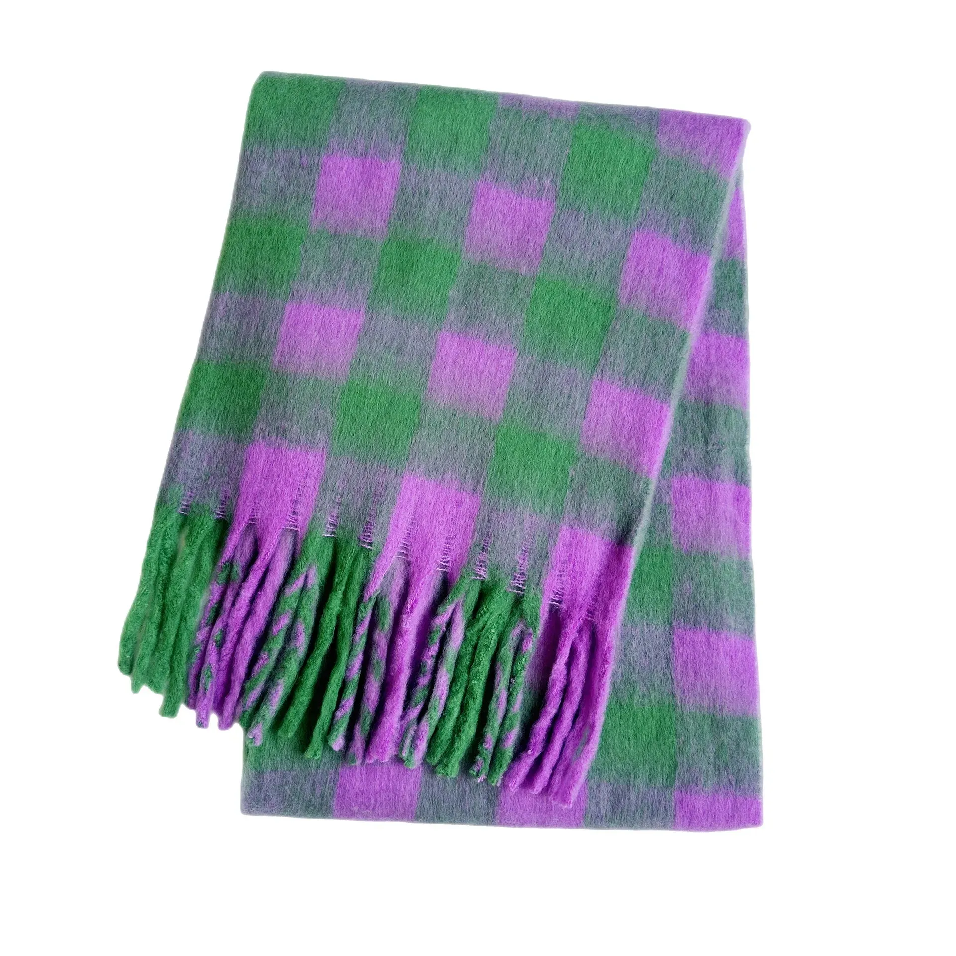 Cozy Checkered Wool Fringe Scarf