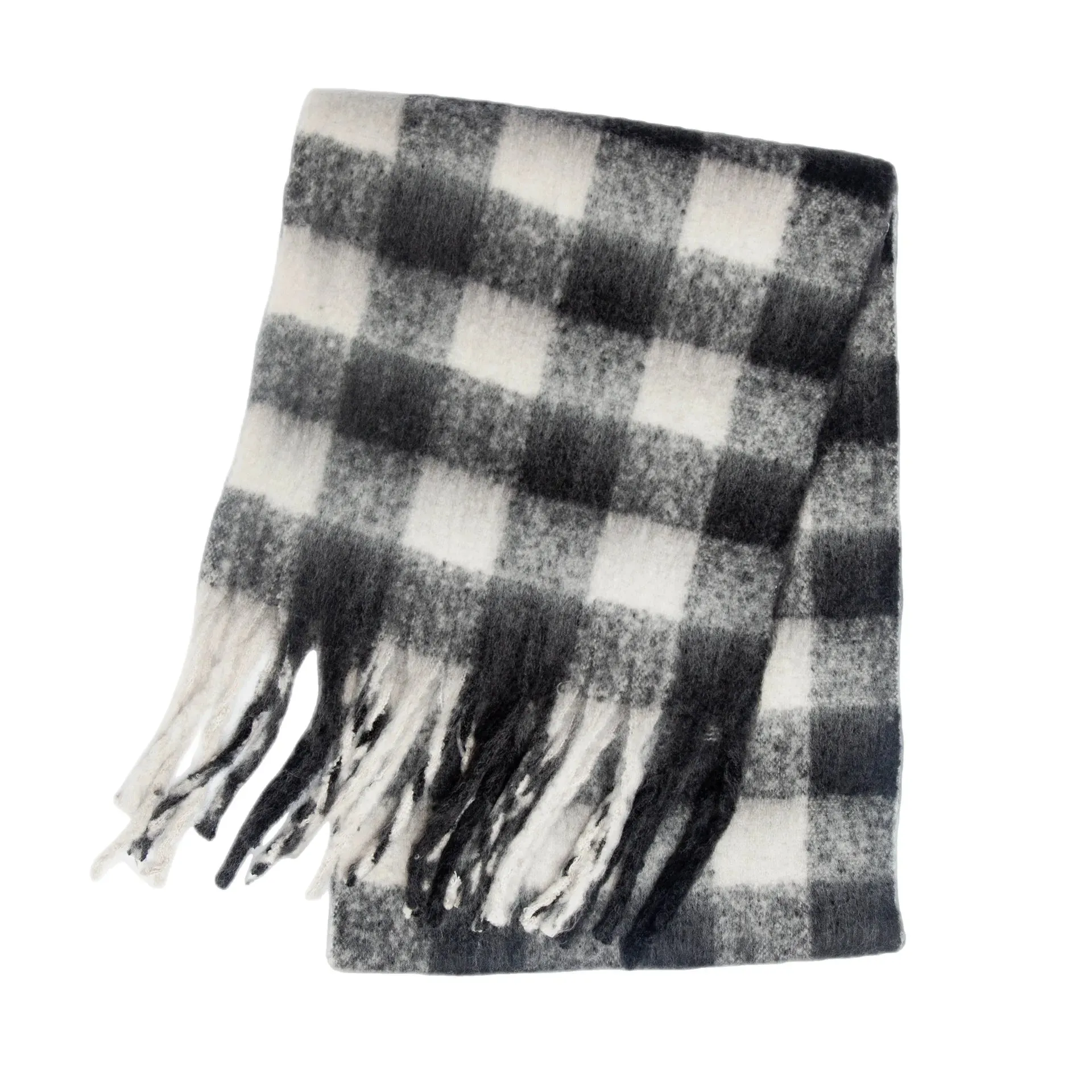 Cozy Checkered Wool Fringe Scarf