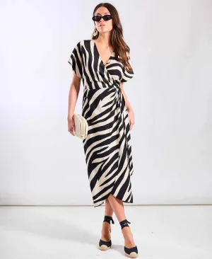 Cream Animal Viscose Wrap Midi Dress