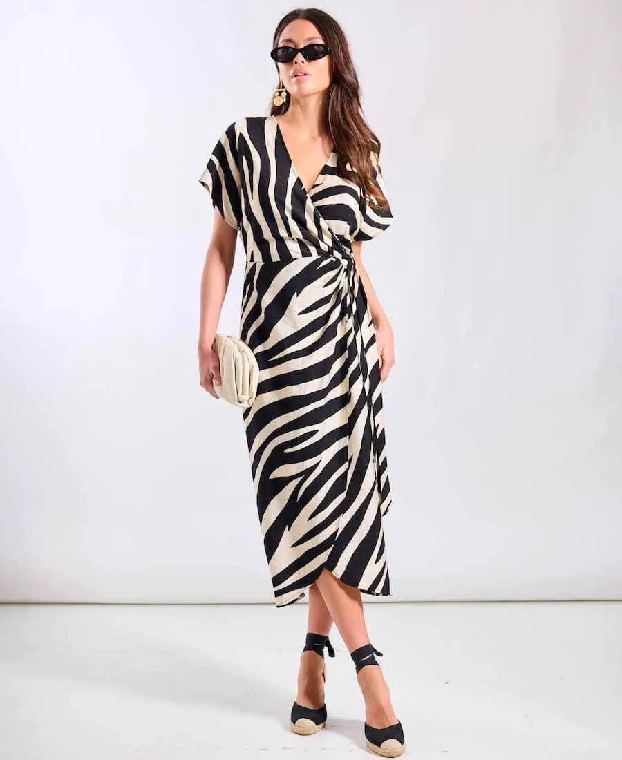 Cream Animal Viscose Wrap Midi Dress