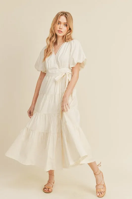 Cream Puff Sleeve Tiered Midi Wrap Dress