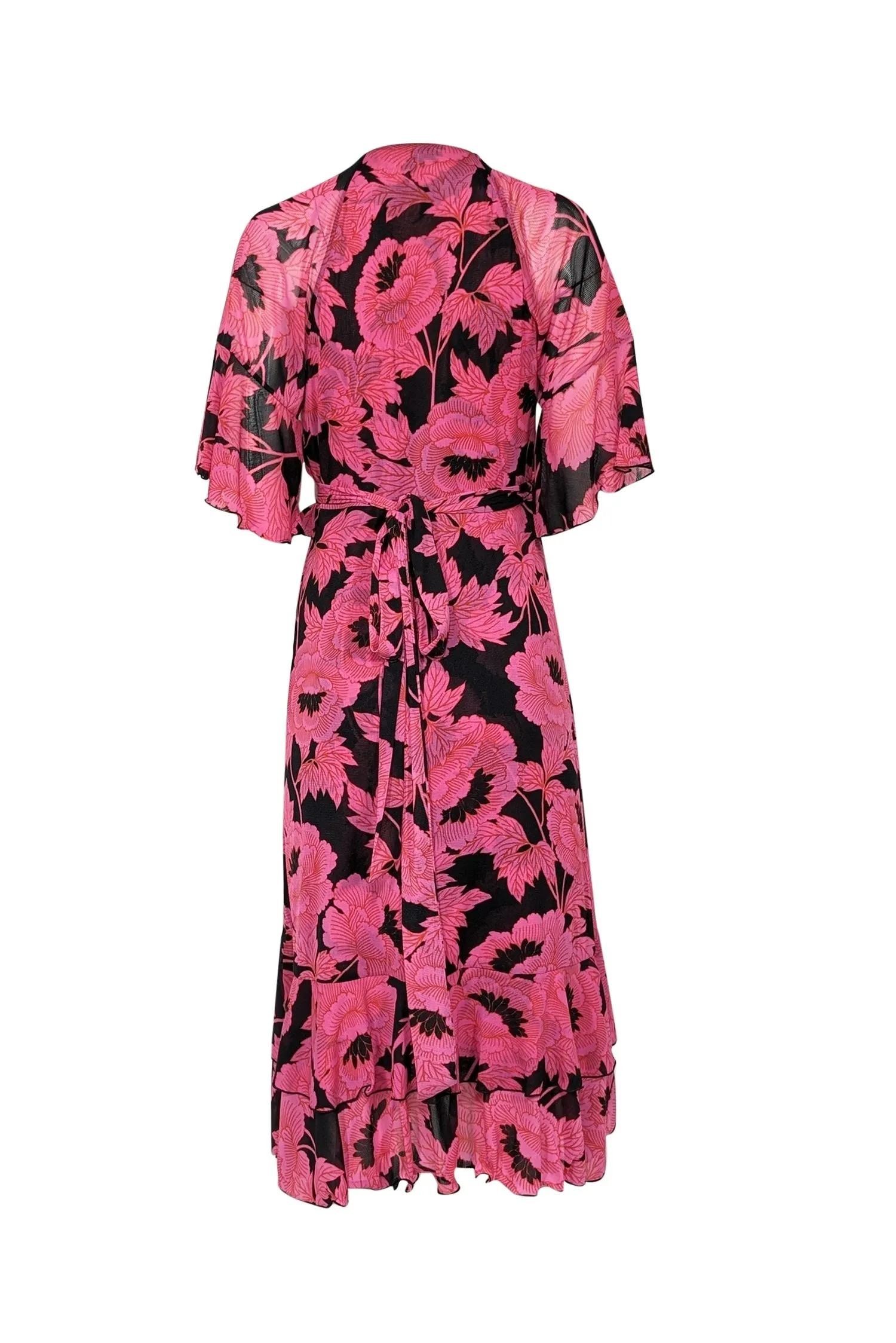 Diane von Furstenberg - Pink & Black Cropped Sleeve Floral Wrap Midi Dress Sz S
