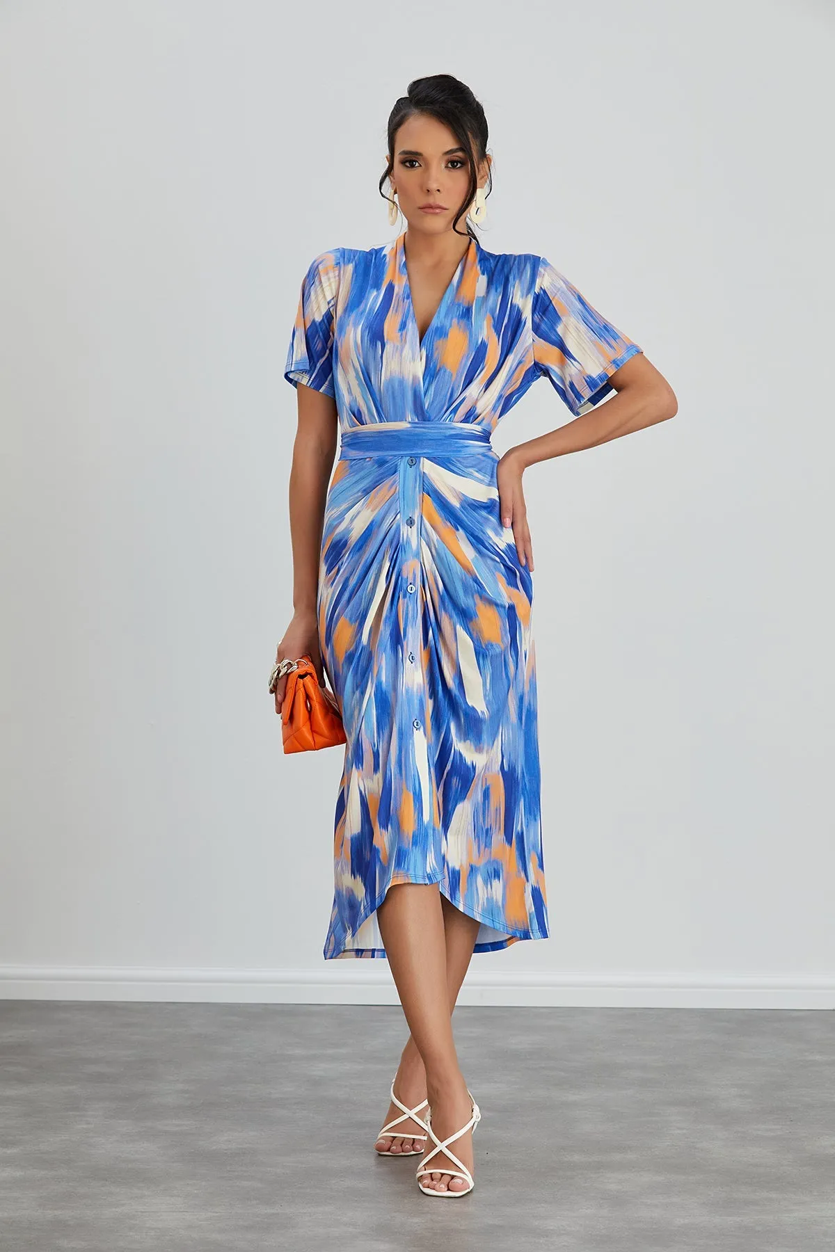 Dreamy Blue Wrap Midi Dress with Angel Sleeves