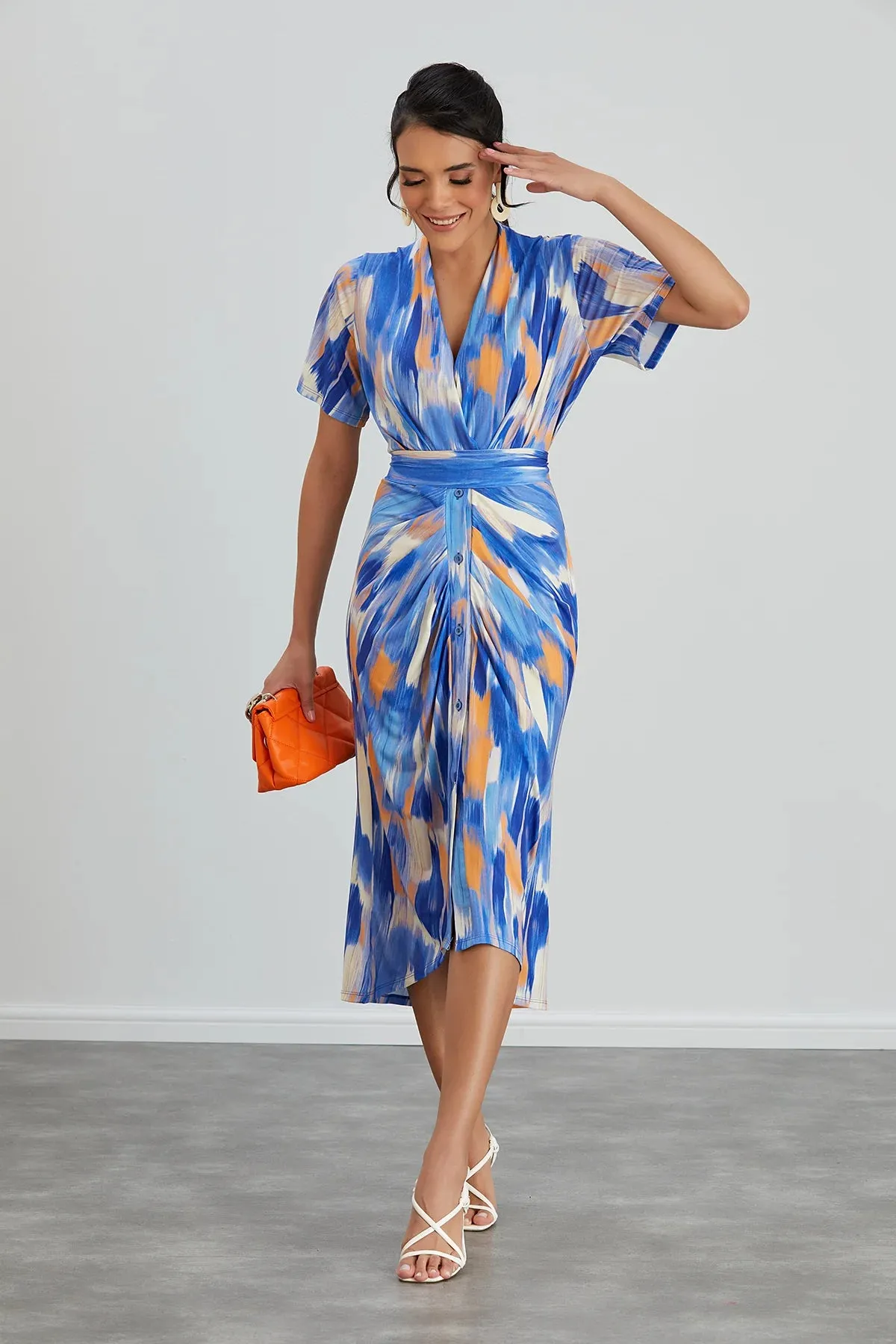 Dreamy Blue Wrap Midi Dress with Angel Sleeves