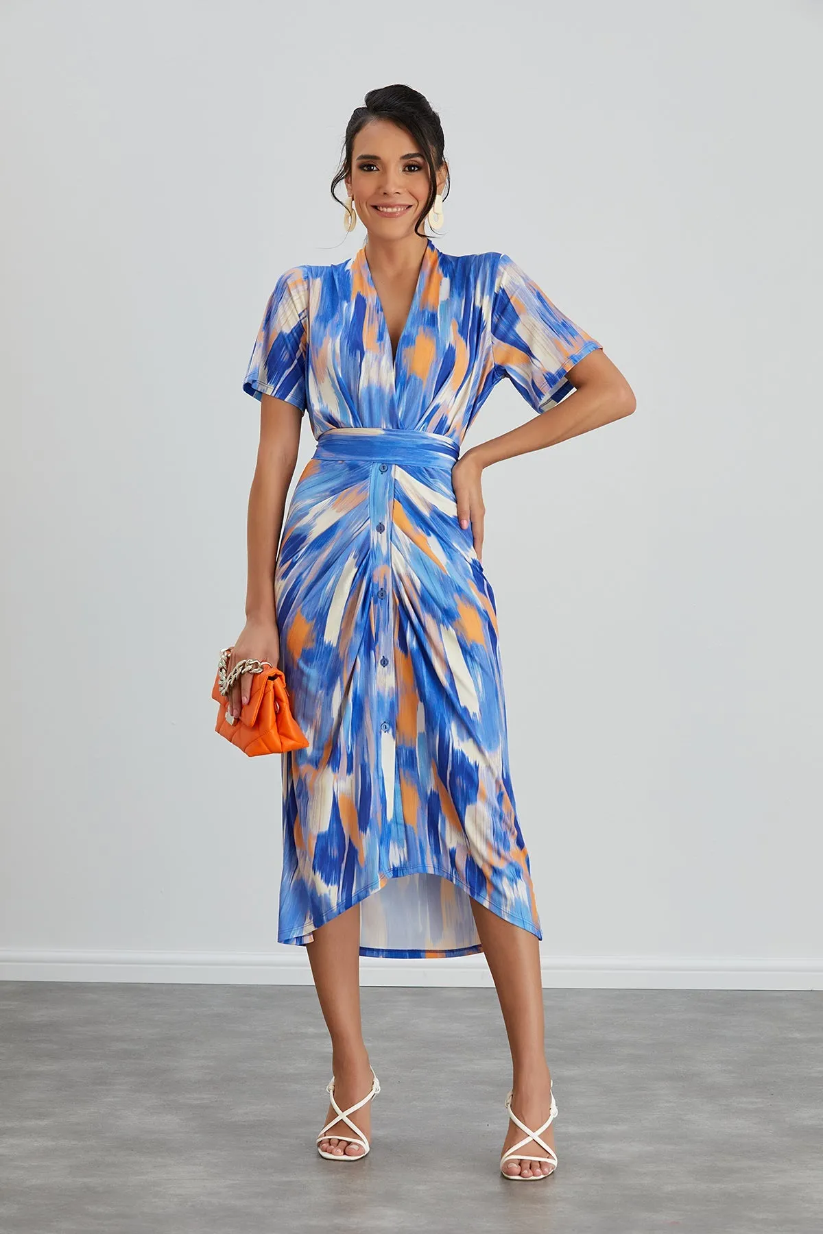 Dreamy Blue Wrap Midi Dress with Angel Sleeves