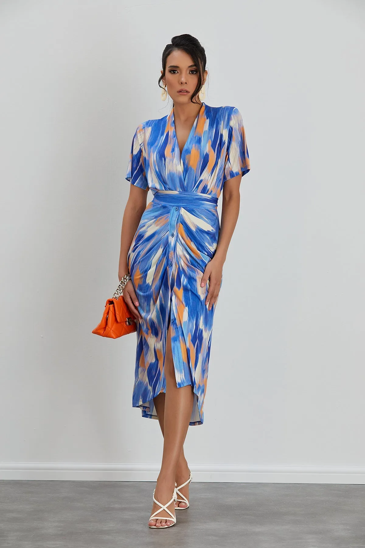 Dreamy Blue Wrap Midi Dress with Angel Sleeves