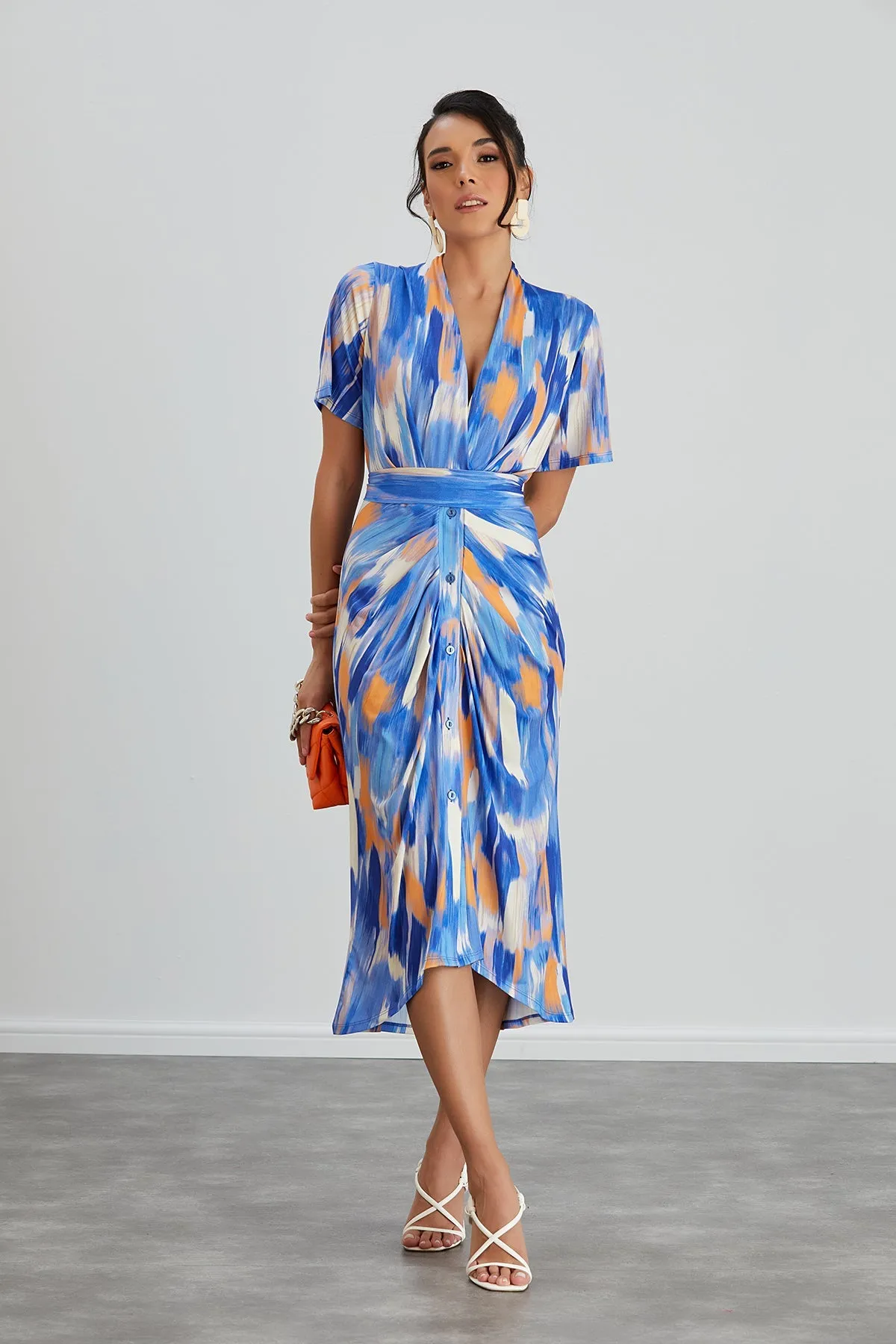 Dreamy Blue Wrap Midi Dress with Angel Sleeves