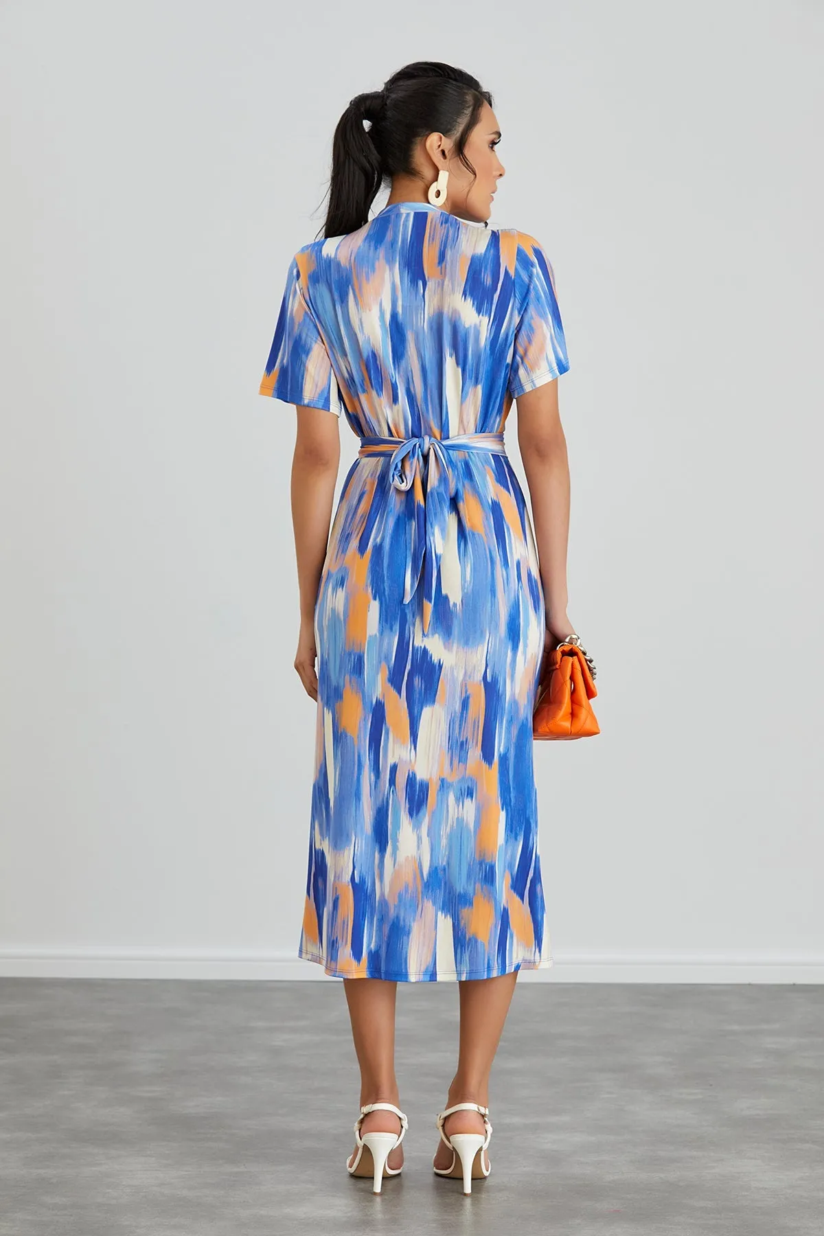 Dreamy Blue Wrap Midi Dress with Angel Sleeves