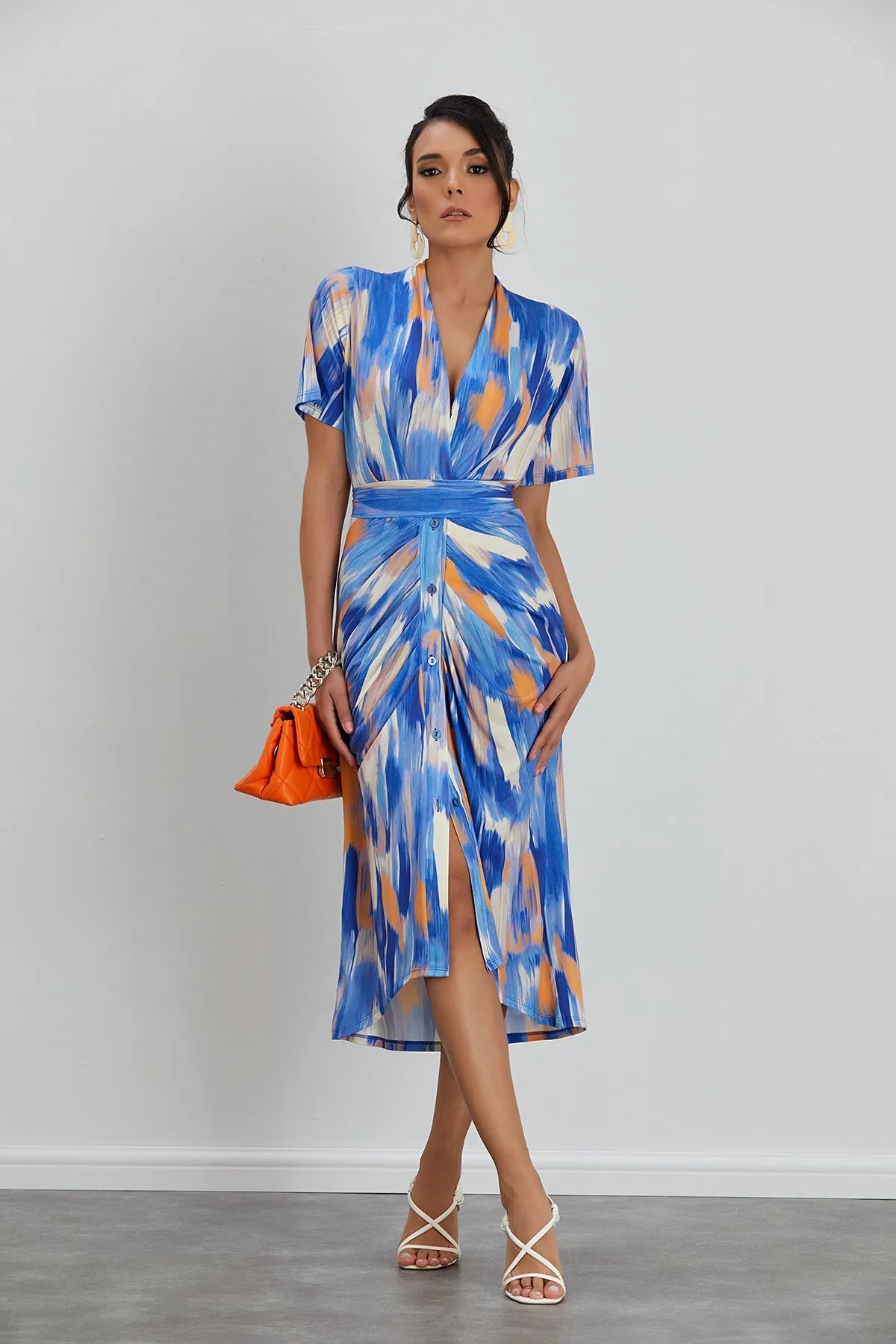 Dreamy Blue Wrap Midi Dress with Angel Sleeves