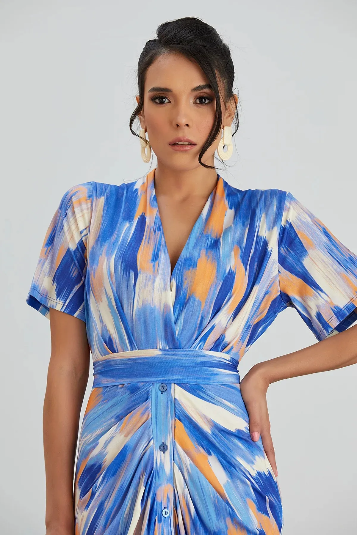 Dreamy Blue Wrap Midi Dress with Angel Sleeves