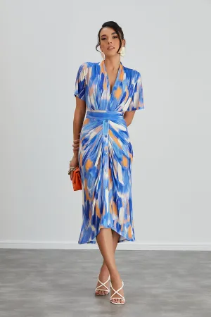 Dreamy Blue Wrap Midi Dress with Angel Sleeves
