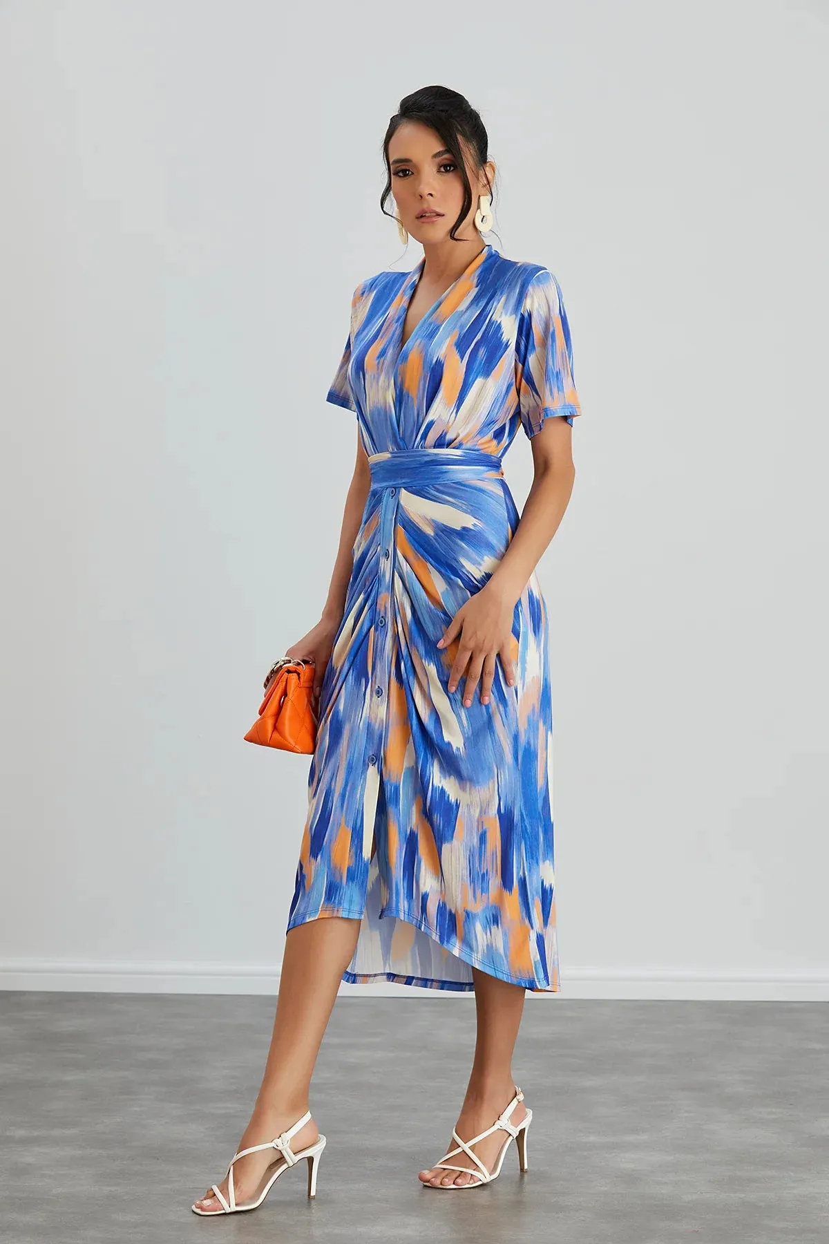 Dreamy Blue Wrap Midi Dress with Angel Sleeves