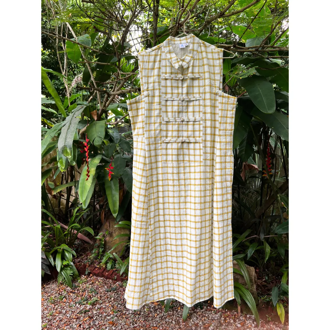 Eileen Mandarin Collar Dress - White with Yellow Checks