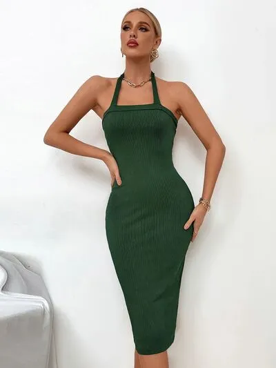 Elegant Ribbed Halter Wrap Dress