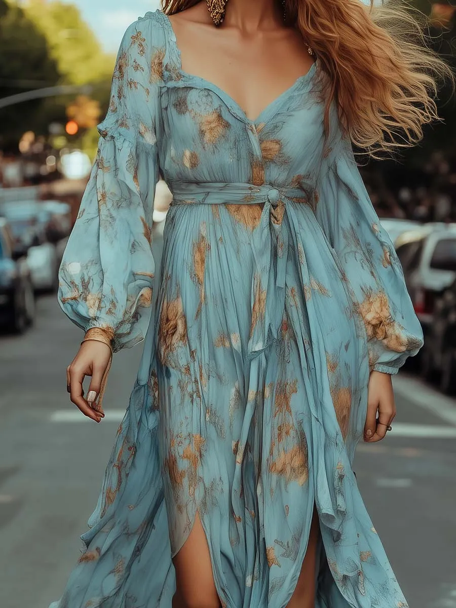 Ethereal Floral Print Wrap - Style Maxi Dress