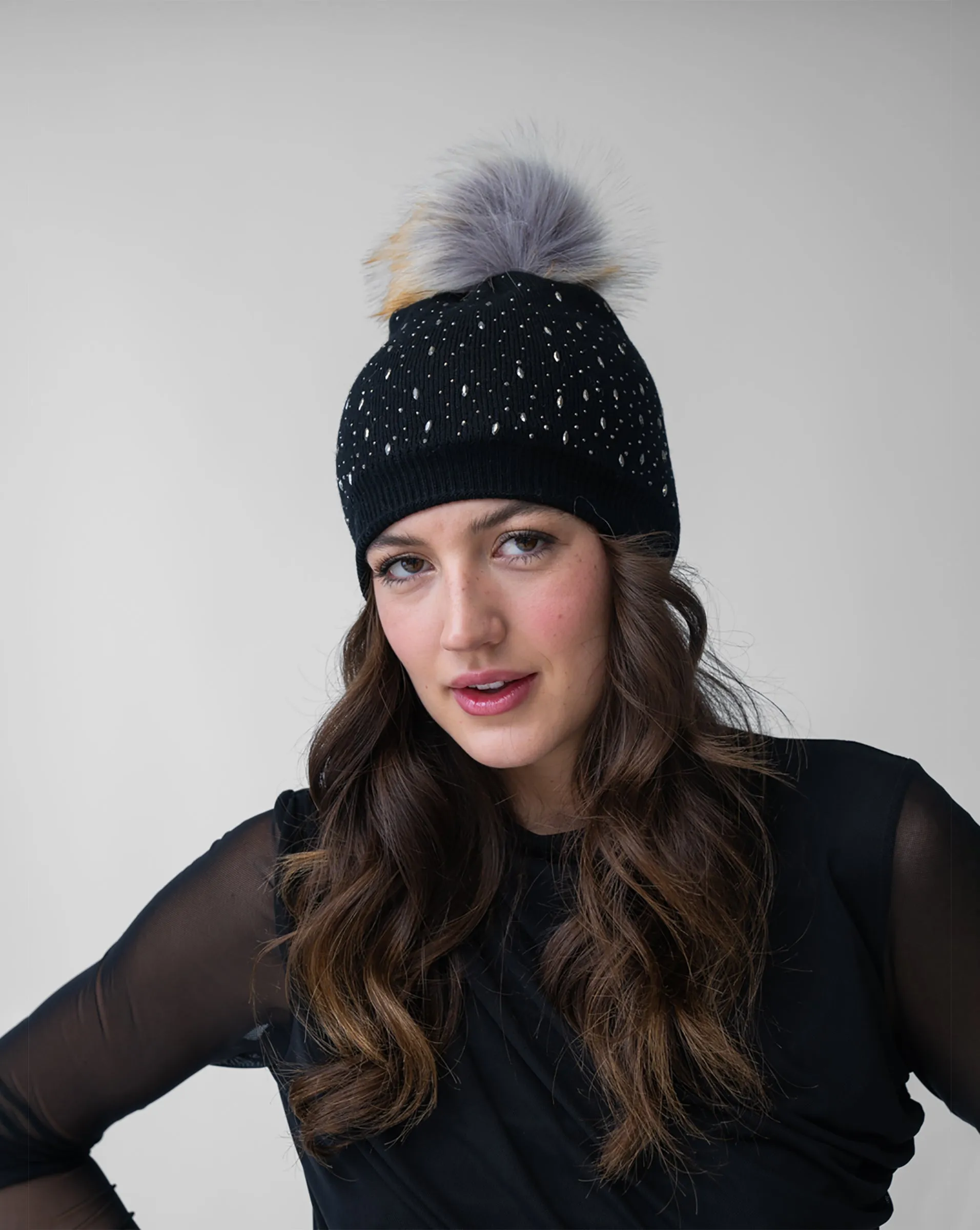FINAL SALE - Crystal & Faux Fur Beanie Hat