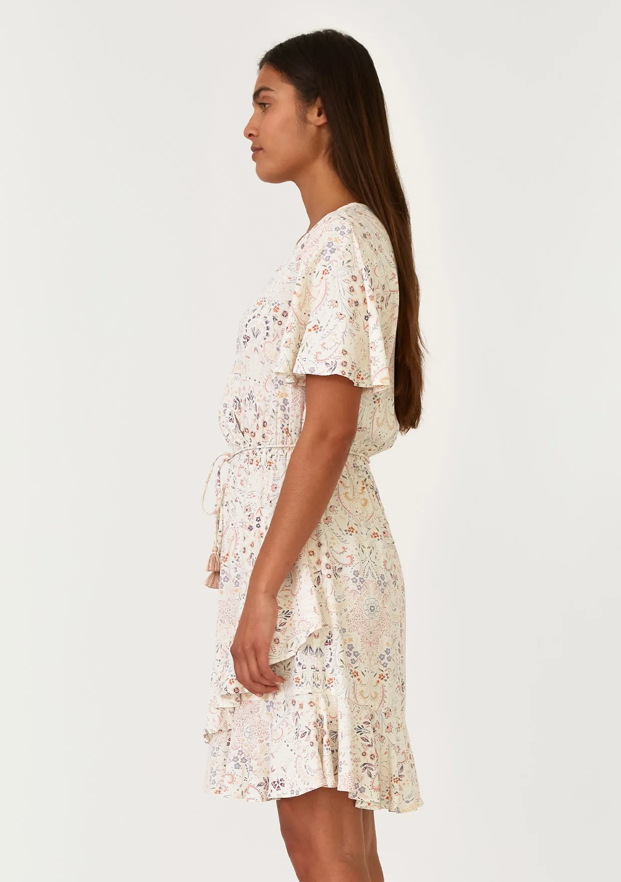 Floral Flutter Sleeve Surplice Ruffled Mini Dress