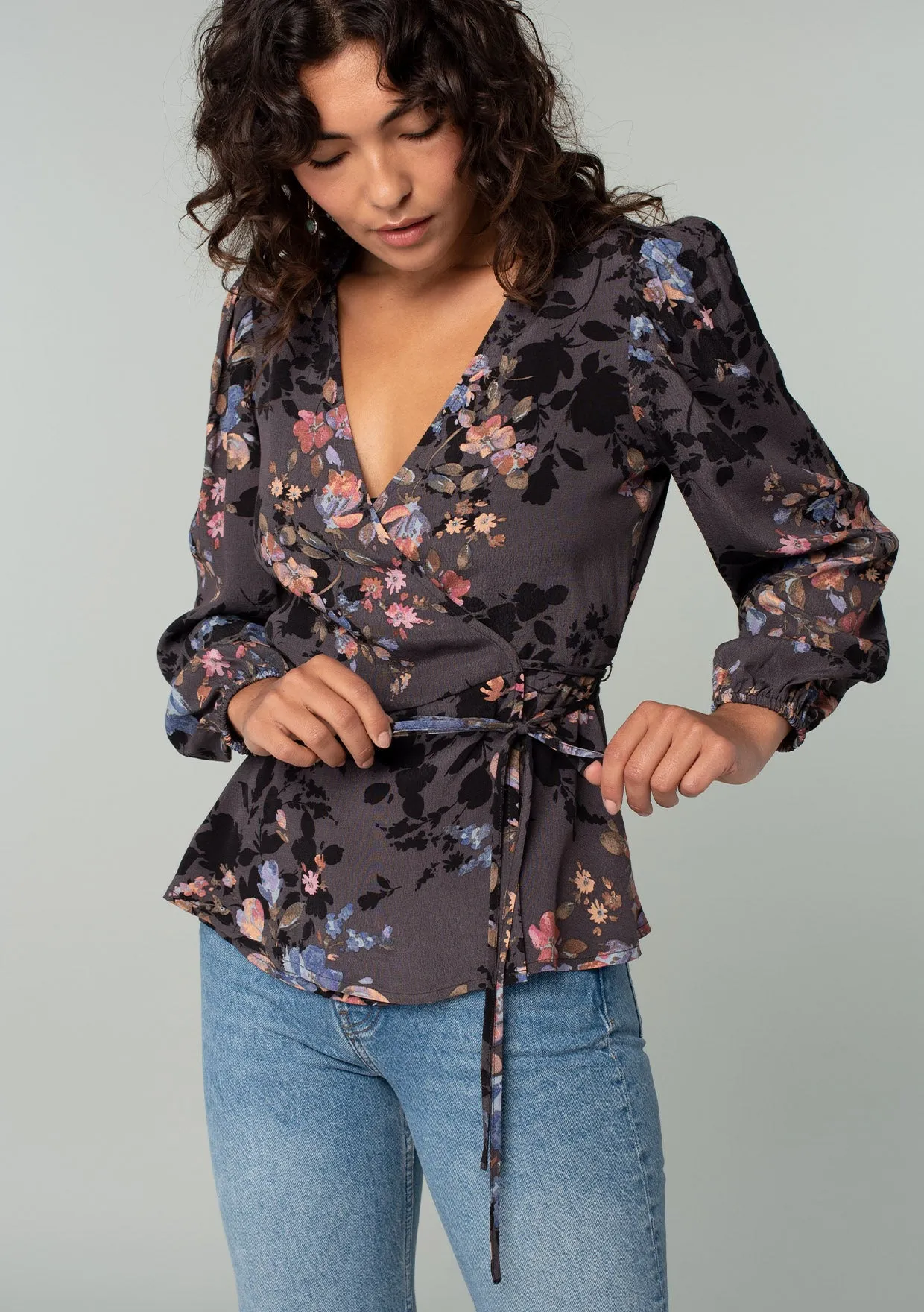 Floral Long Sleeve Tie Waist Wrap Top