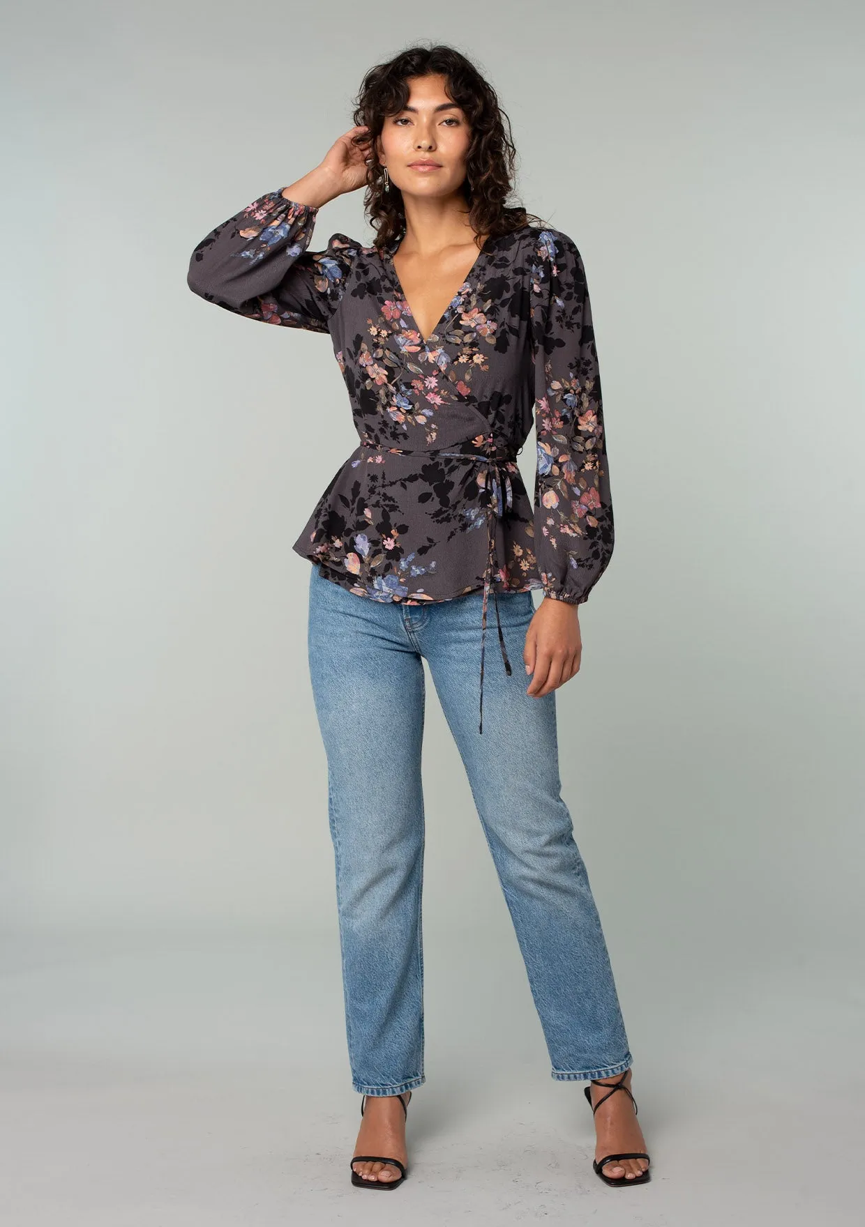 Floral Long Sleeve Tie Waist Wrap Top
