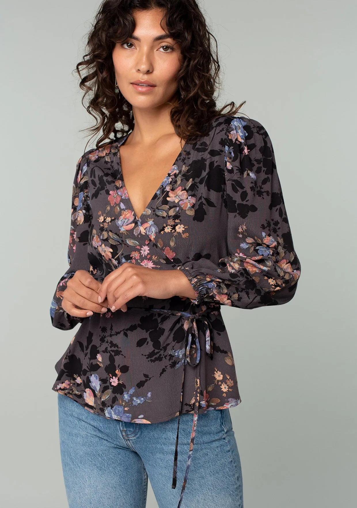 Floral Long Sleeve Tie Waist Wrap Top