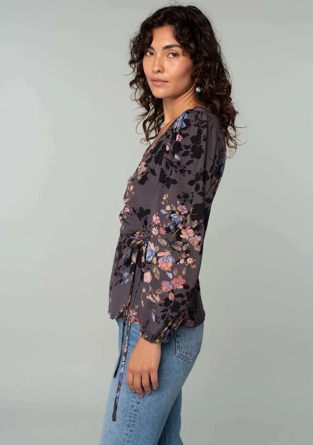 Floral Long Sleeve Tie Waist Wrap Top