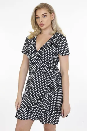 Frilled Monochrome Heart Print Mini Wrap Dress