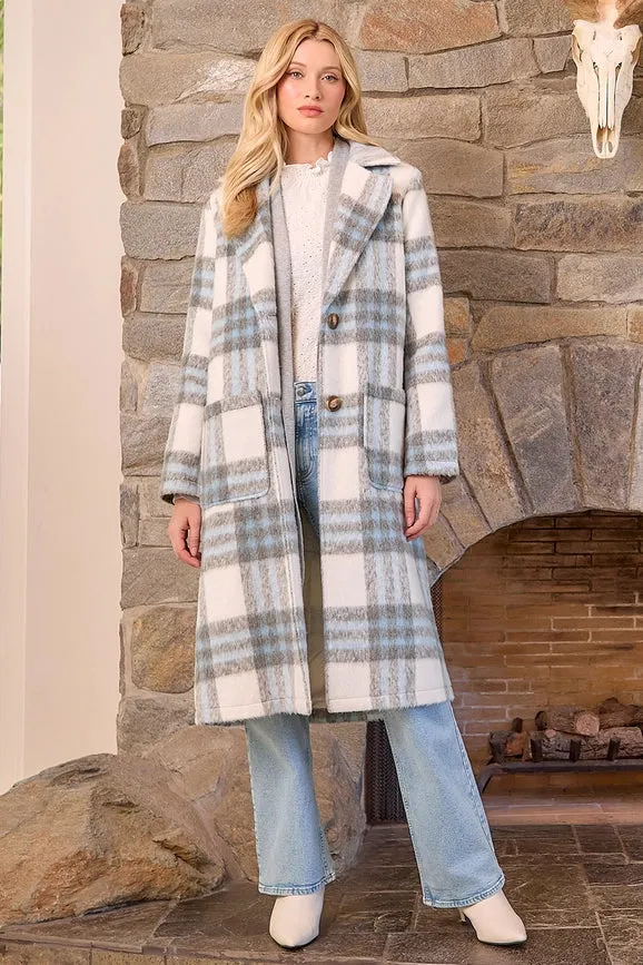 Fuzzy Plaid Long Coat Ivory Mix