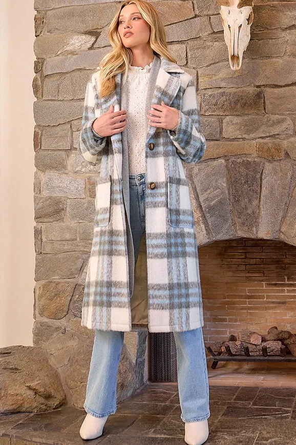 Fuzzy Plaid Long Coat Ivory Mix