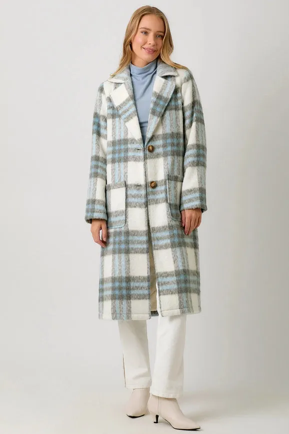 Fuzzy Plaid Long Coat Ivory Mix