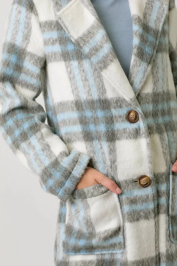 Fuzzy Plaid Long Coat Ivory Mix