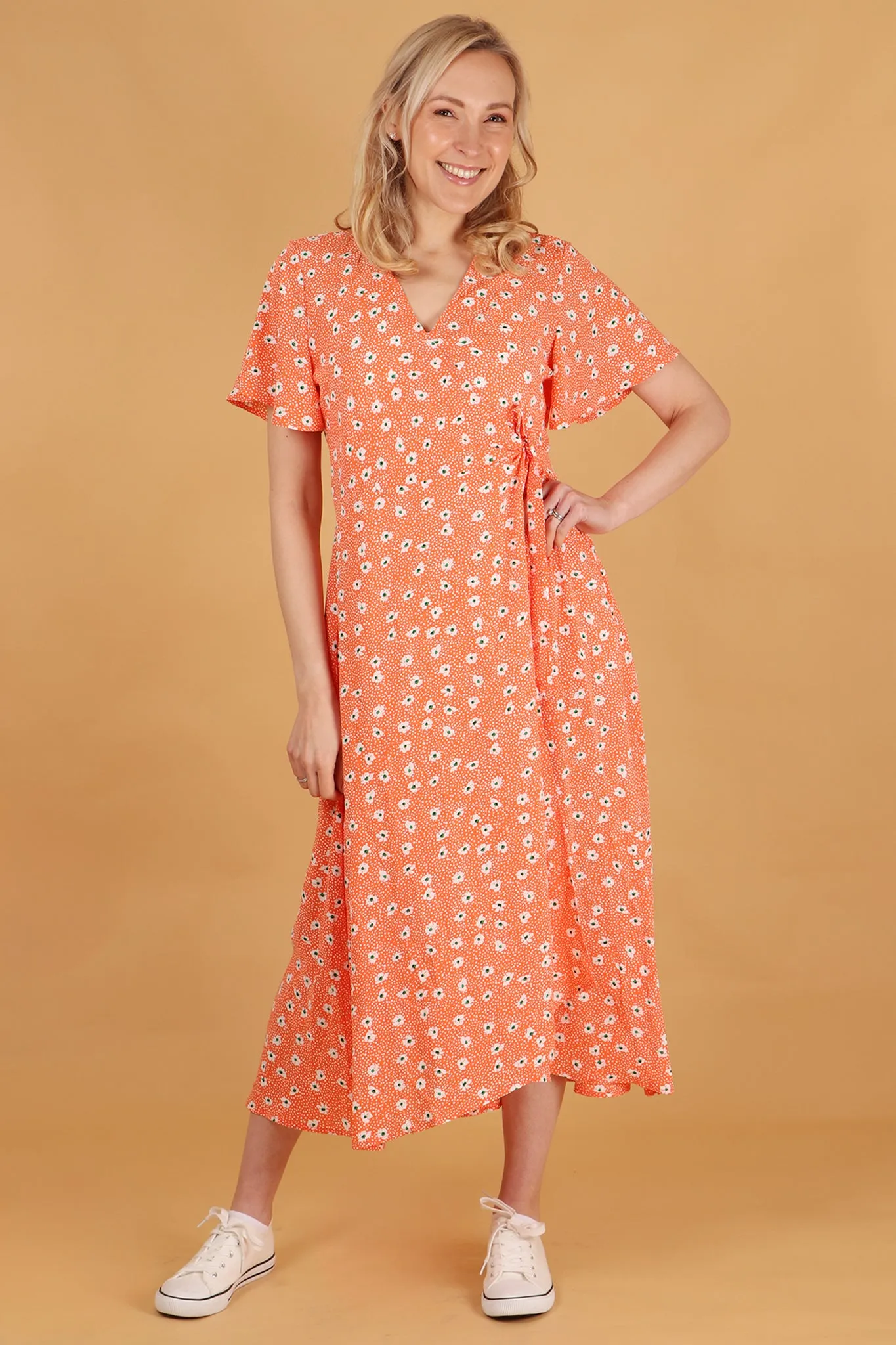 Gillian Wrap Dress - Orange, Spotted Daisy