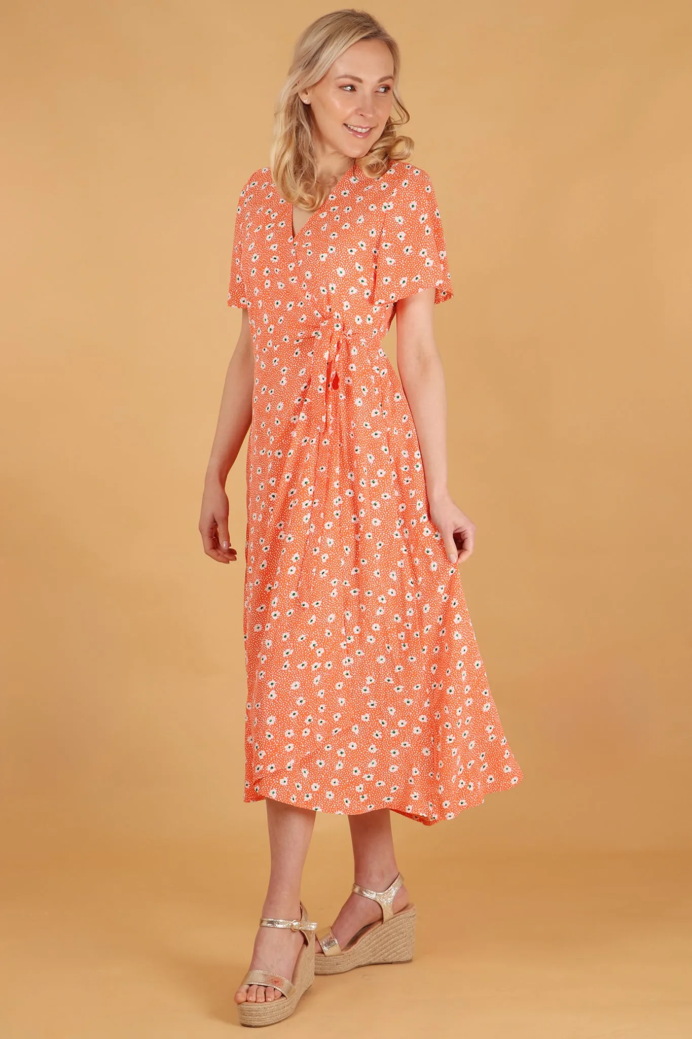 Gillian Wrap Dress - Orange, Spotted Daisy