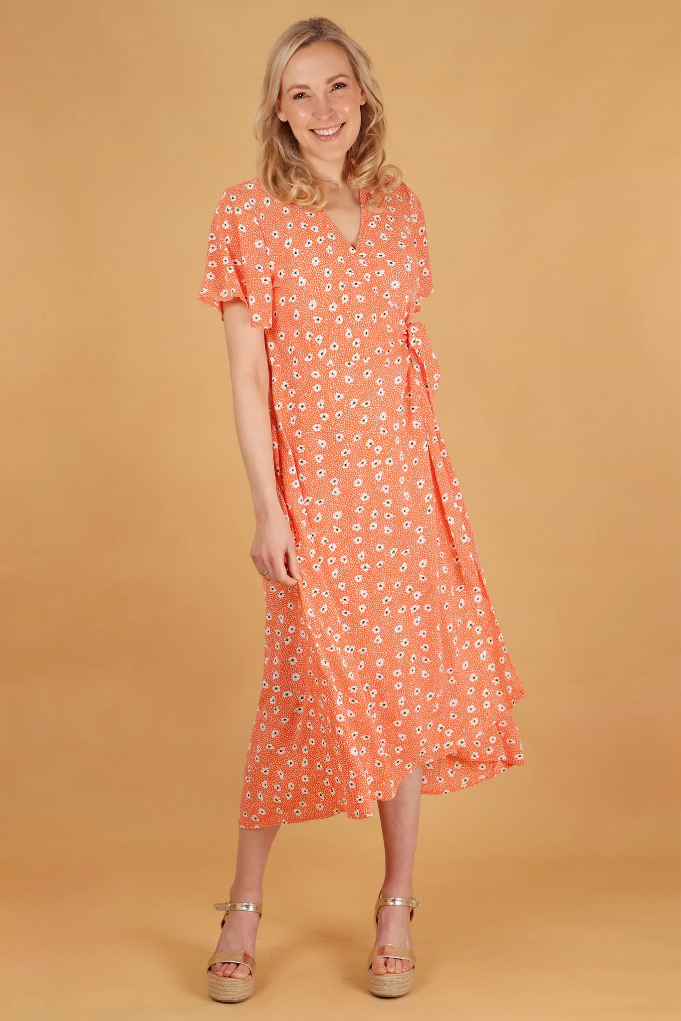 Gillian Wrap Dress - Orange, Spotted Daisy