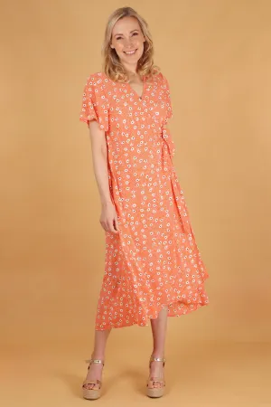 Gillian Wrap Dress - Orange, Spotted Daisy
