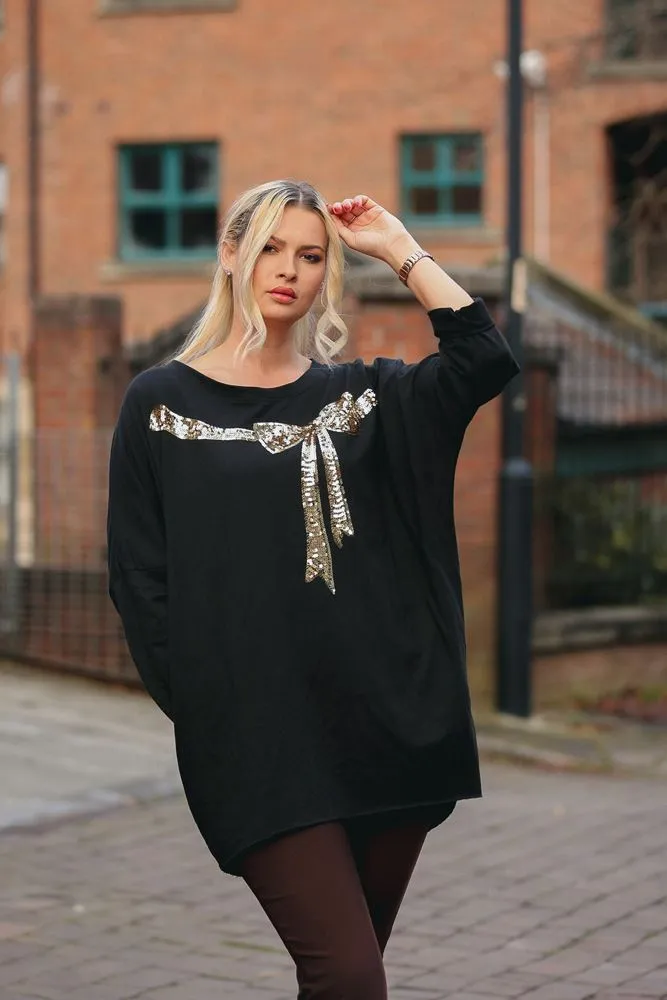 Gold Sequin Ribbon Design Side Pockets Diphem Cotton Top