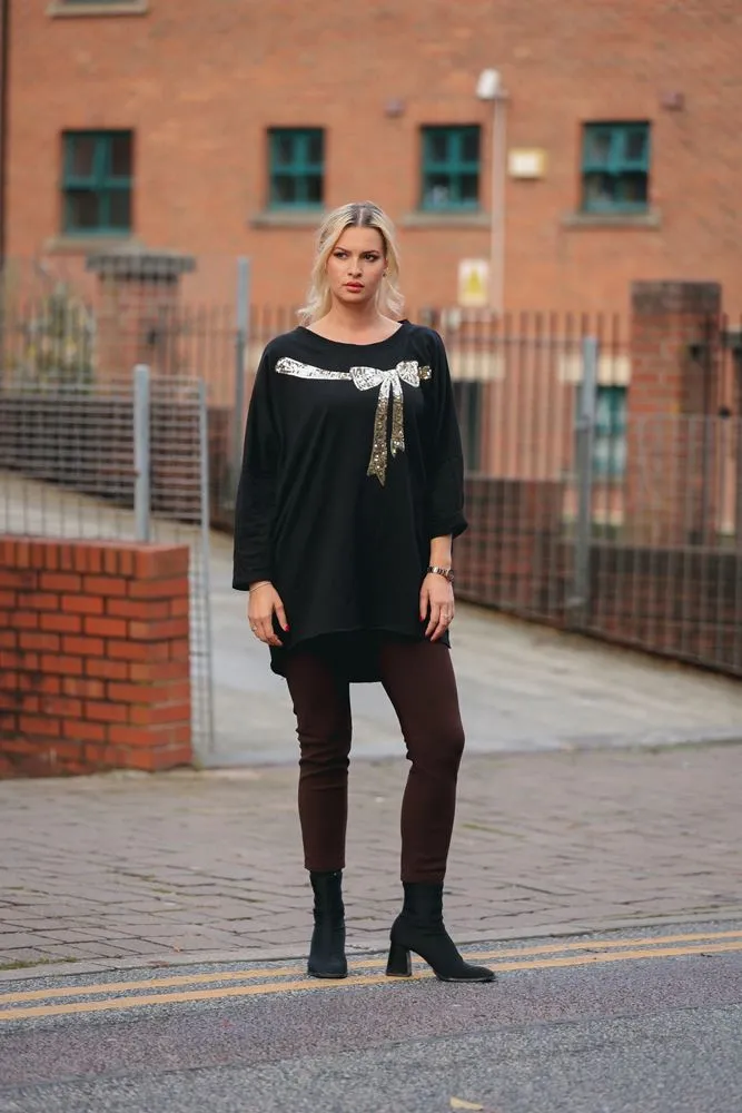 Gold Sequin Ribbon Design Side Pockets Diphem Cotton Top