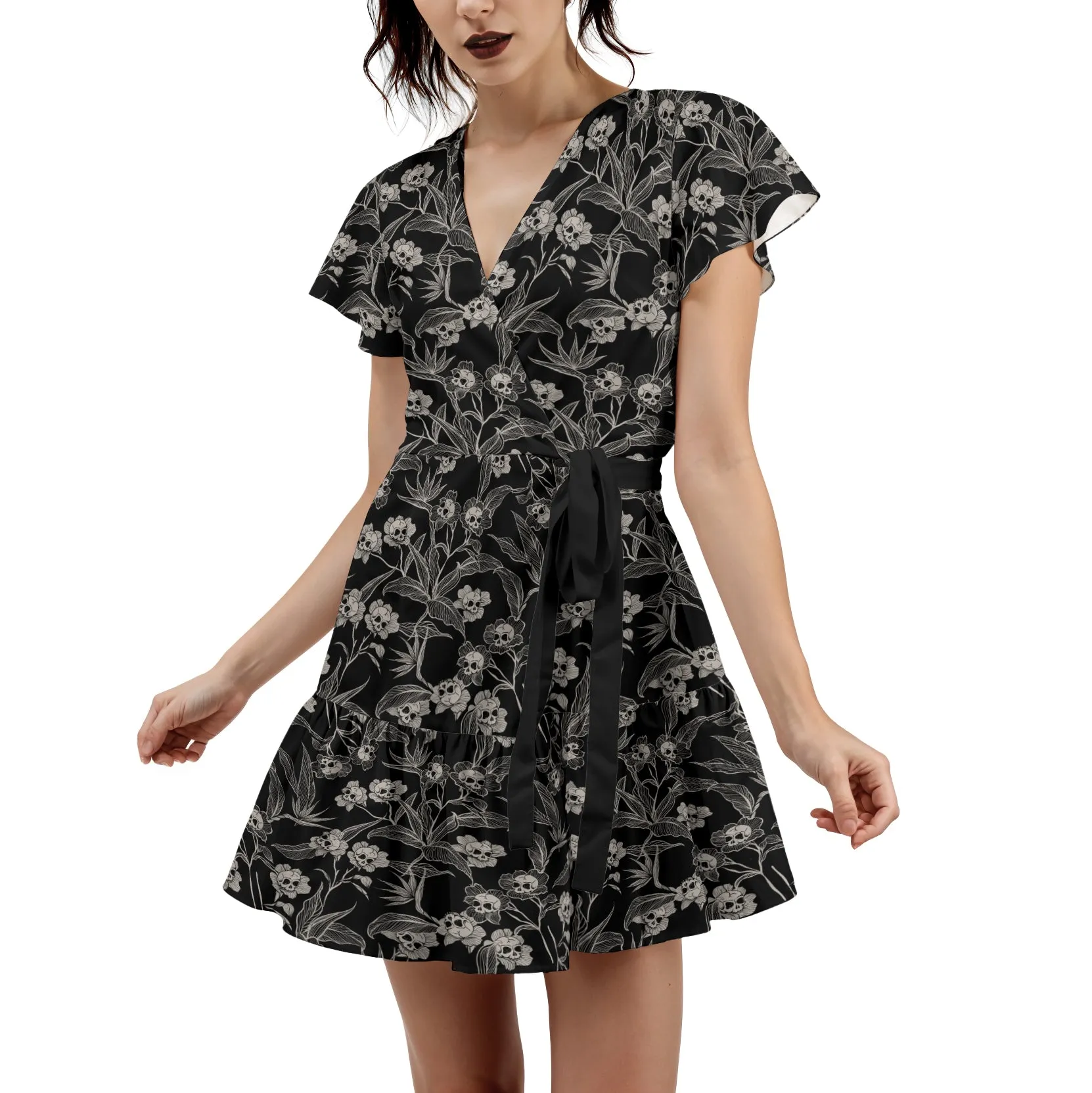 Gothic Floral Flutter Sleeve Wrap Dress