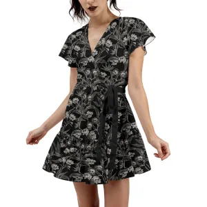Gothic Floral Flutter Sleeve Wrap Dress
