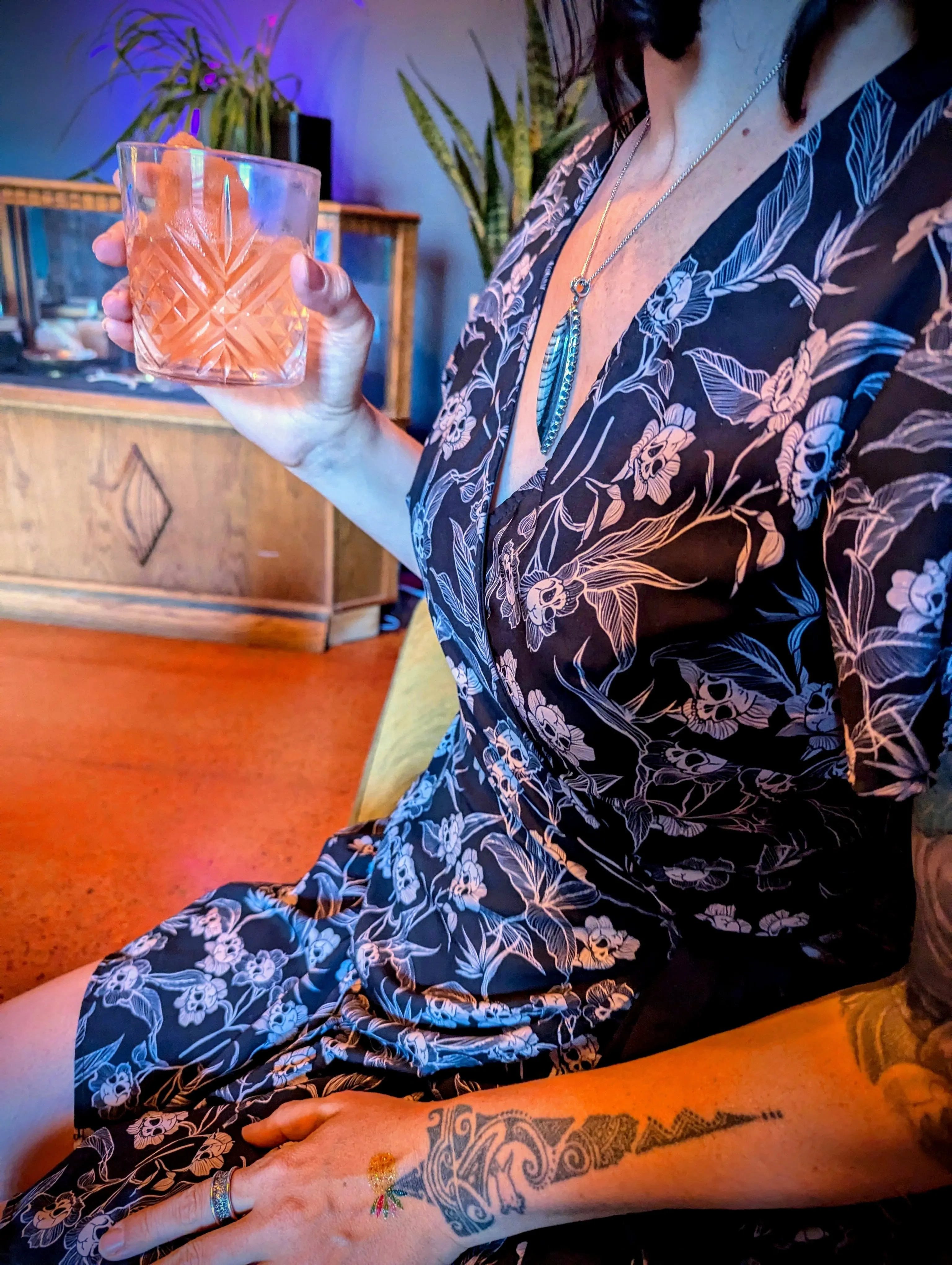Gothic Floral Flutter Sleeve Wrap Dress